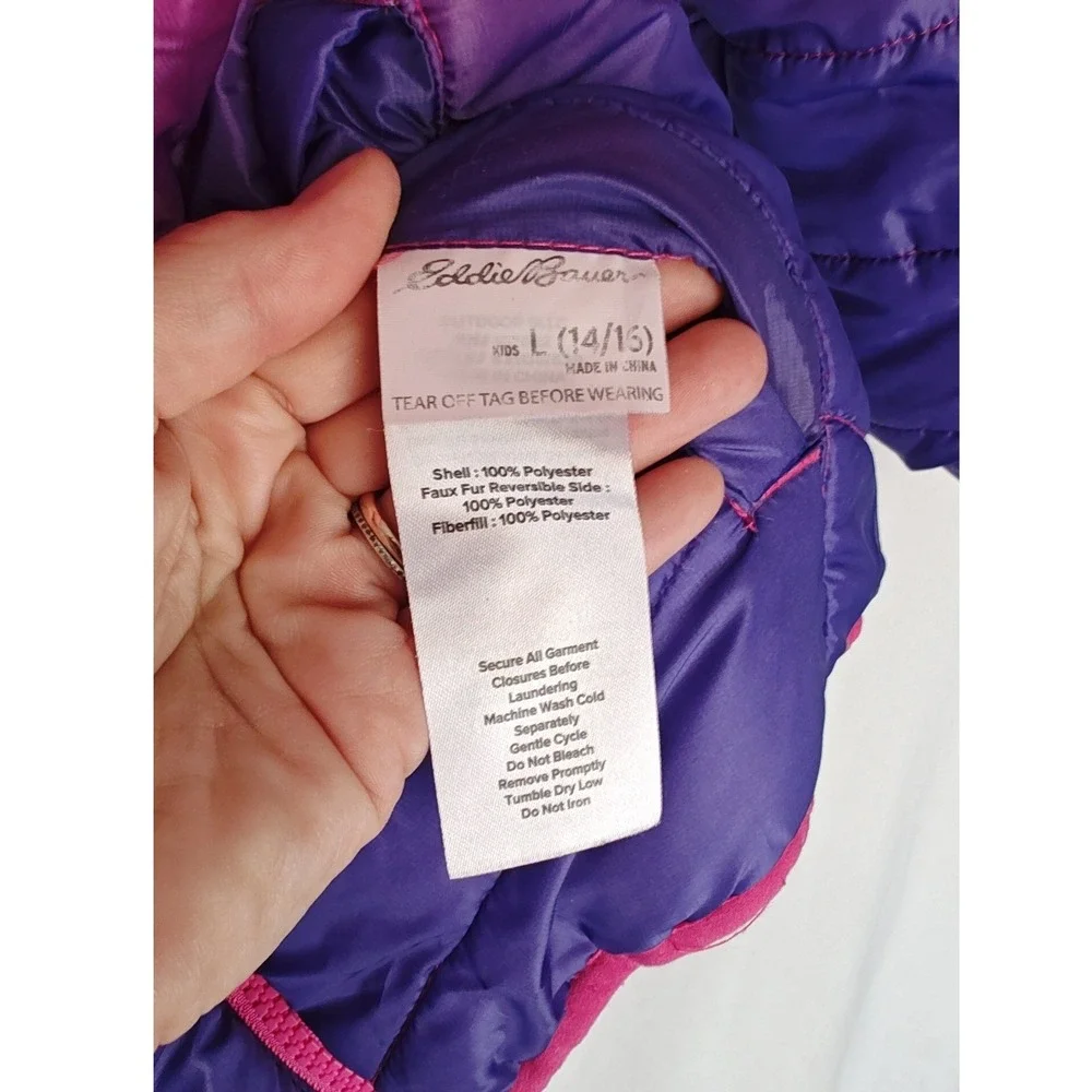 Eddie Bauer Youth Reversible Puffer Jacket  Pink Purple Ombre Fleece L 14 15